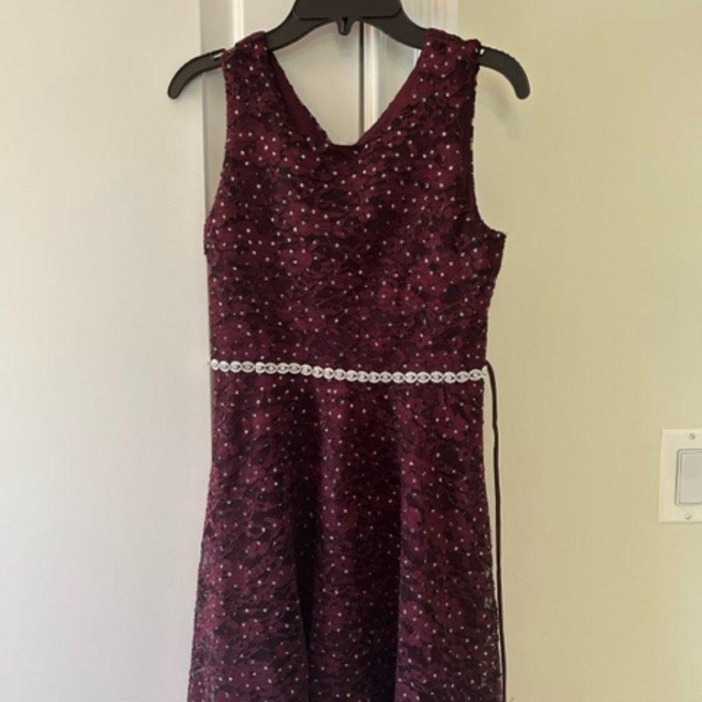Kids Girls Red Burgundy Lace Sparkly Dress Size 14 Like New